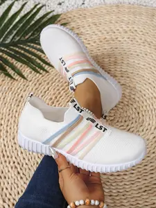 Women's Colorful Striped Flyknit Slip-On Casual Shoes, Summer Breathable Mesh Lazy Shoes, Soft Sole Anti-Slip Student Sneakers Footwear