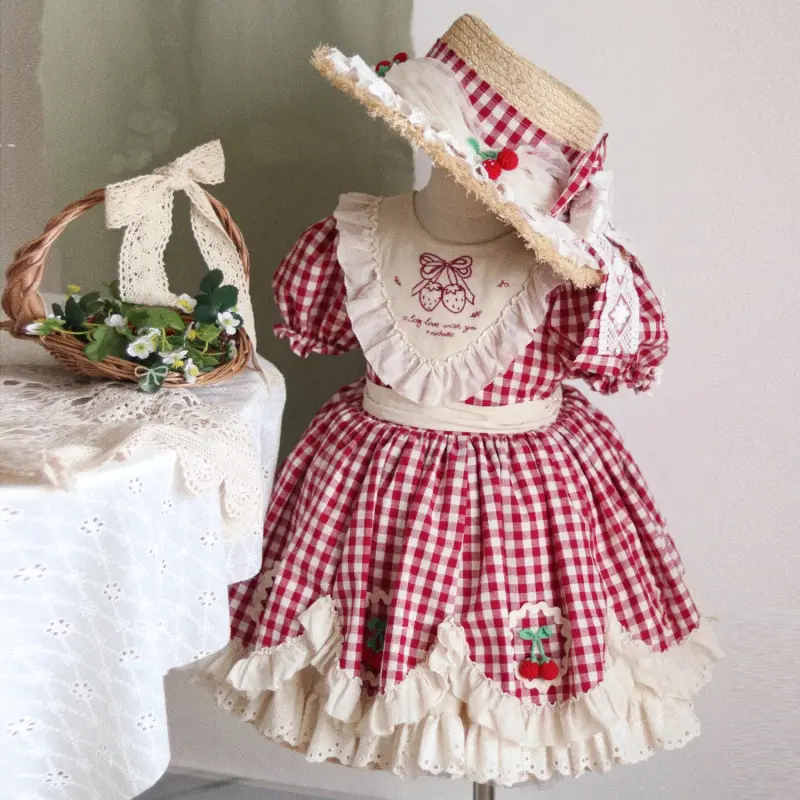 Girls' 1-12Y Plaid Gingham Fruit Dress - Puff Short Sleeve Tiered Ruffled, Strawberry Embroidery, Waist Bow, Vintage Cottagecore Lolita Child Sizes Occasion Outfit, Ginghamdress