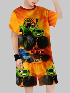 Boys' Monster Truck Gradient Short Sleeve T-Shirt & Shorts Set, Casual Fitted Two-Piece, Spring & Fall Kids Clothing