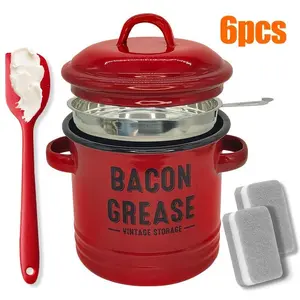 Bacon Grease Container with Strainer & Food-Grade Silicone Spatula, 46oz Large Enamel Rustic Farmhouse Fat Container, Keeper, Dishwasher Safe,Dishwasher Safe Filter Kitchen Utensils fine mesh strainer