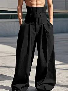 INCERUN Men's Fashion Deconstructed High-Waisted Loose Wide Leg Plain Long Casual Elastic Waist Pants, All-Season Daily Wear, Comfortable and Stylish