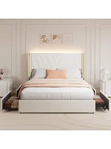 【Christmas Gift】Upholstered Led Bed Frame With 4 Storage Drawers, Queen Size Bed Frame With Rgb Led Lights, Velvet Platform Bed Frame With Wingback Headboard, No Box Spring Needed, Noise Free, Easy Assembly