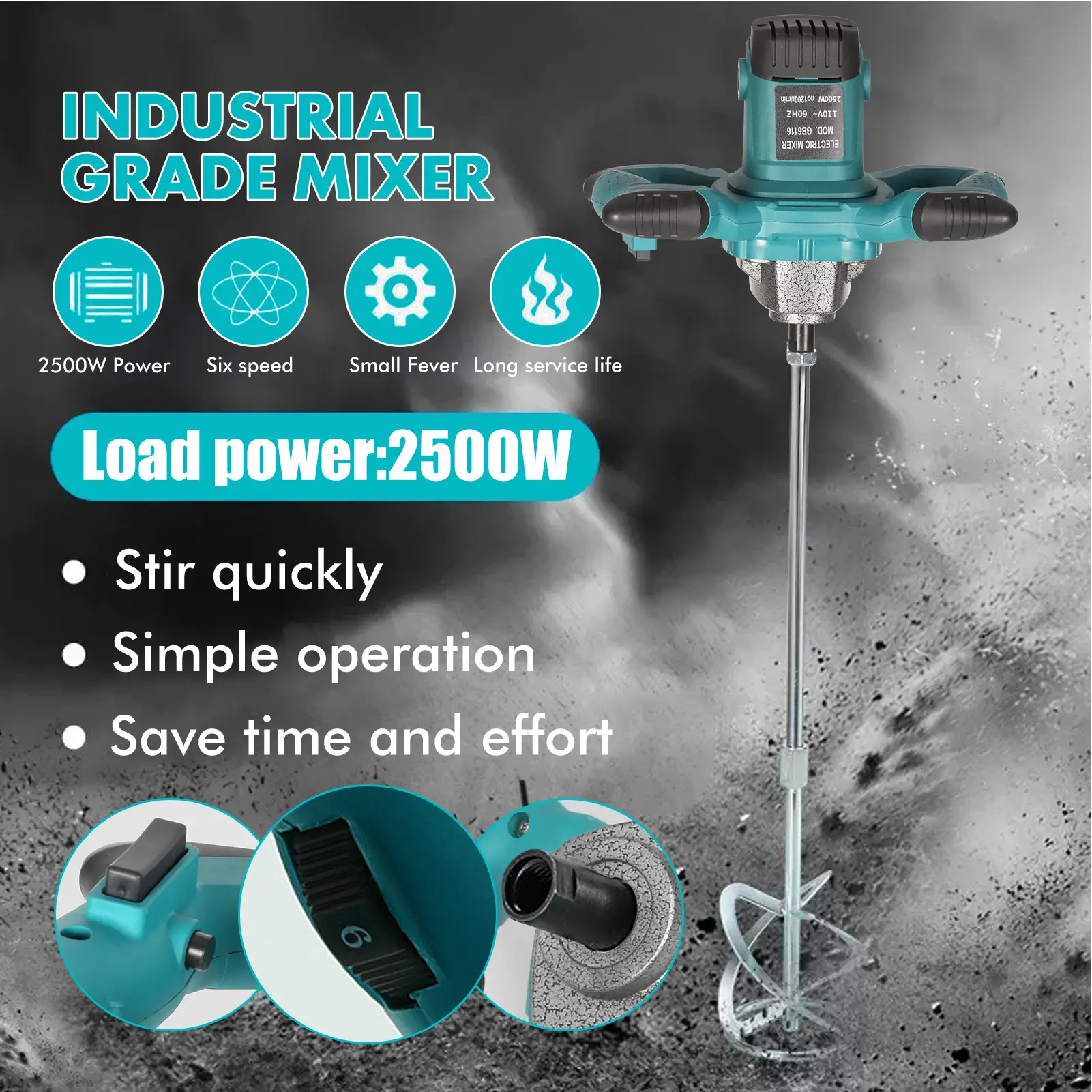 2500W Handheld Electric Mixer 6 Speed Adjustable Paint Putty Cement Concrete Mixing Machine US