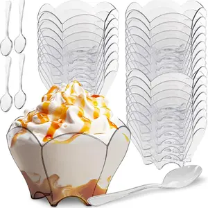 100 Pcs Transparent Plum Blossom Bowls with Free Small Spoons, Disposable Plastic Clear Pudding Cups for Ice Cream, Pudding and Other Desserts, Baking Supplies Ideal for Weddings, Birthdays, Party Supplies and Festivals