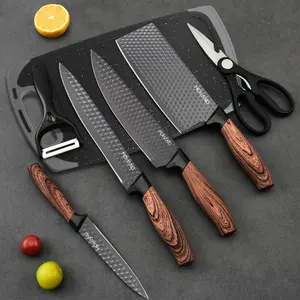 Professional 7pcs Kitchen Knife Set - Chef's Knife, Slicing Knife, Scraper, Scissors and Cutting board - High Carbon Stainless Steel with Ultra-Sharp Blades, Non-Stick Ergonomic Wooden Handles - Ideal for Home, Travel, and Gift Box Set