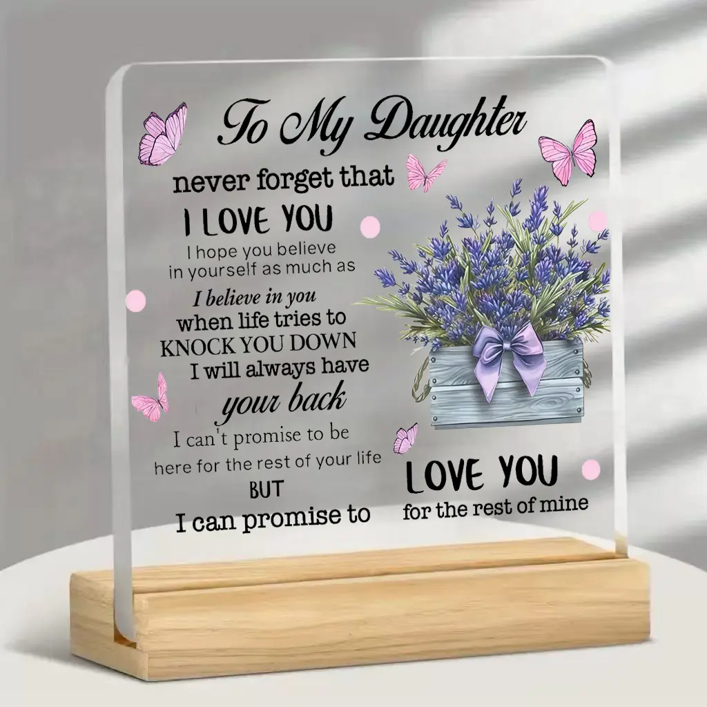 Lavender Acrylic Desk Plaque with Wood Base - Inspirational Mom-to-Daughter Gift for Birthday, Graduation, Home Office Desktop Decor Signs, Wooden, Based