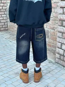 Men's New Fashion Washed Pocket Embroidered Denim Shorts, Casual Loose Fit, Spring Summer Versatile Mid-Length Jeans, Five-Pocket Pants