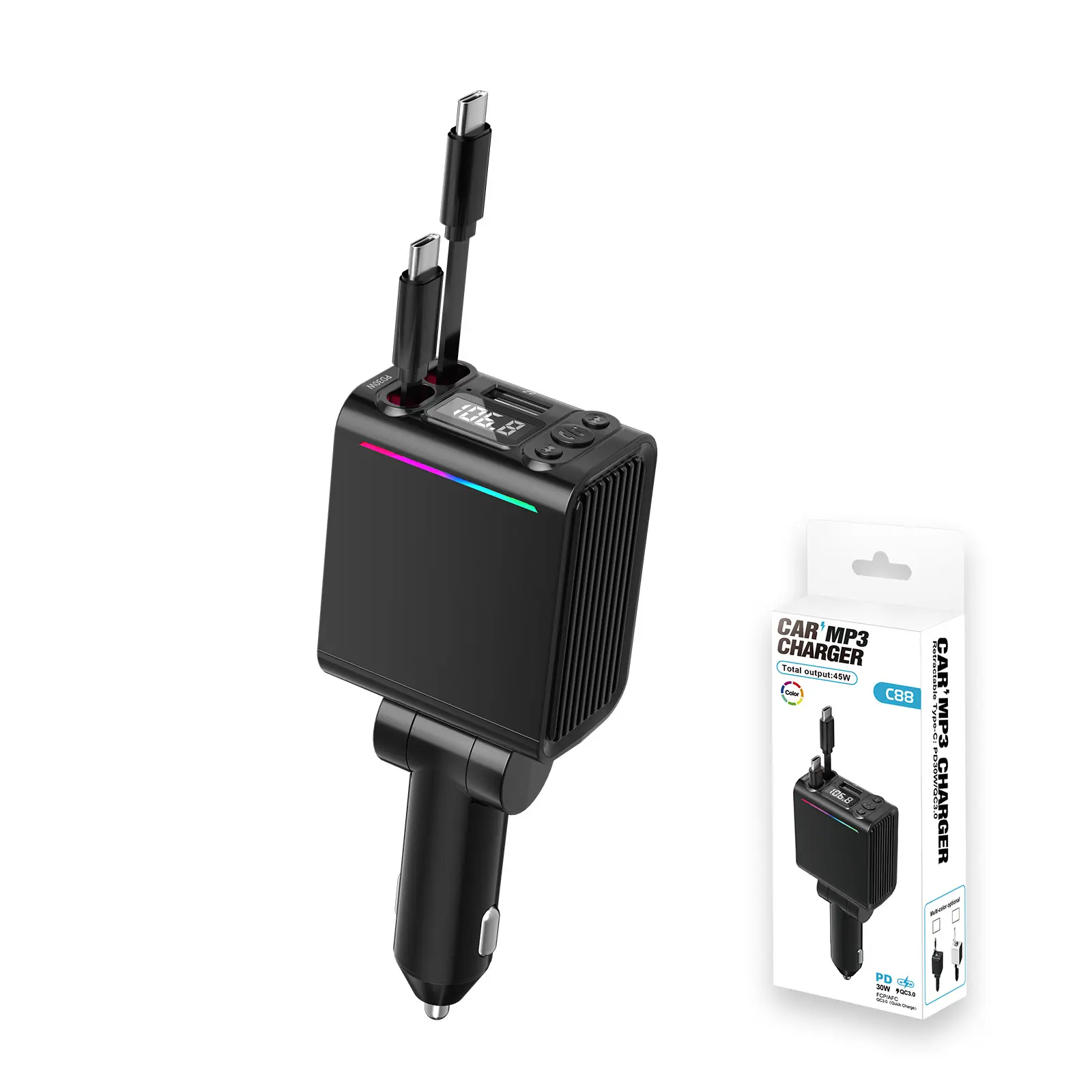 3-in-1 Retractable Car USB Charger Multi Port - Bluetooth 5.3 Car Adapter, FM Transmitter, MP3 Player with 2 Retractable Type-C Cables & USB-A for iPhone/Galaxy, Bluetooth Car Adapter Usb Car Connector