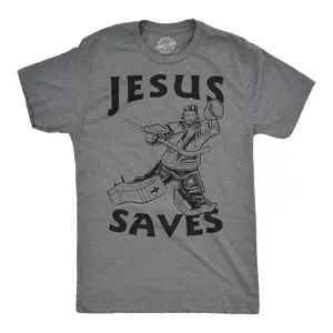 Jesus Saves Hockey Goal T Shirt Funny Religious Christian Faith Hilarious Tee Mens Funny T Shirts Cool Vintage Fashion T-Shirt Gift Classic Menswear Religious Apparel for Men Funny Hockey Short Sleeve Novelty Light Grey