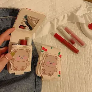 Cute Bear Pattern Makeup Bag with Mirror, Portable Mini Compact Travel Cosmetic Storage Bag, Makeup Organizer Pouch, Versatile Storage Bag for Skincare