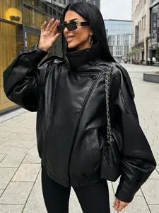 Asymmetric Faux Leather Bomber Jacket Women's Jacket Demi-Season 2026 Women's Vintage Oversized Casual Long Sleeve Top Fashion Black Burgundy Brown Outerwears Coats Women's Moto Biker Zipper Jacket