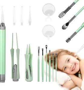 Mother Day Gift 15 Pack Ear Wax Removal Tool Kit with Light - LED Ear Cleaning Kit, Ear Wax Removal for Kids and Adults, Ear Cleaning Tool, Ear Picker Spoon & Ear Tweezers & Spiral Spring Ear Spoon Green