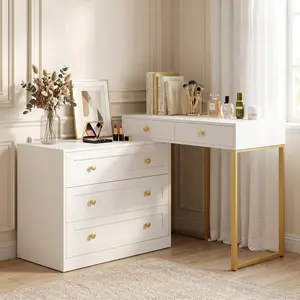 RoyalCraft Makeup Vanity Desk, White Vanity with Storage, L Shaped Corner Vanity Desk with 5 Drawers, Modern Dressing Table for Bedroom, Small Space
