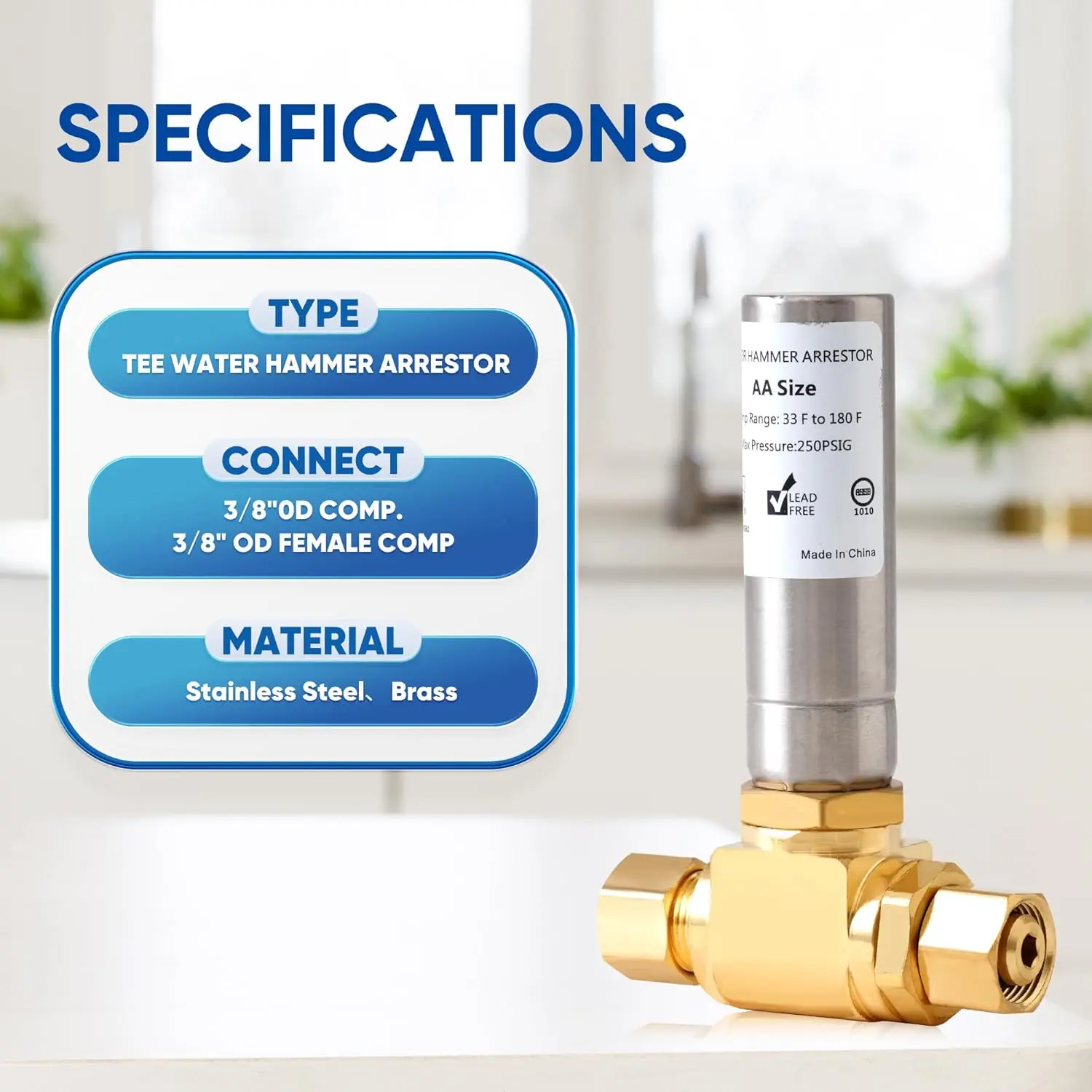(2-Pack) SECKWHALE Tee Stainless Steel Water Hammer Arrestor, 3/8 Inch x 3/8 Inch Compression Connection, for Dishwasher, Sink, Toilet, Faucet, Stop Pipe Knock and Reduce Banging Noise(Pack-2)