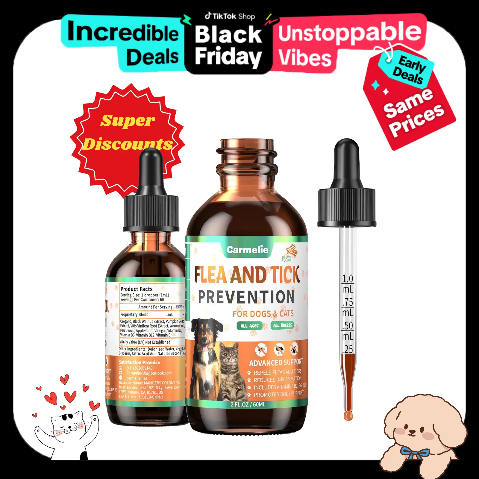 Carmelie Natural Oral Liquid Flea & Tick Protection Drops for Dogs & Cats - Black Walnut, Multivitamins, Bacon Flavor Supplement with Wormwood, Pumpkin Seed, Oregano - Suitable for All Breeds, Ages, Flea And Tick Protection, Supports Ticks
