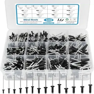 500-piece black rivet popular rivet combination set, Heavy Duty Fastening, 14 SAE size aluminum rivets (3/32" 1/8" 5/32" 3/16"), various blind rivets with separators and labeled box for convenient storage