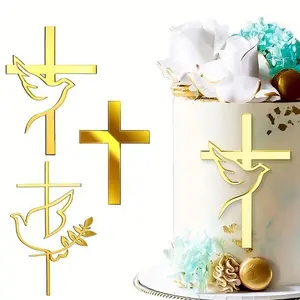3pcs Mirror Acrylic Cake Toppers, Dove & Cross Decor for Baptism, First Communion, Christian Party, Wedding, Elegant Cake Decoration