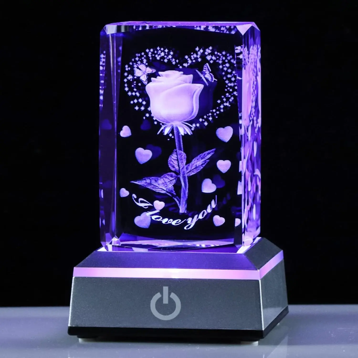 3D Laser Engraved Rose Crystal with Colorful Base, Gift for Girlfriend, Wife, Mom, Valentine's Day, Christmas, Thanksgiving, Home Decor, Atmosphere Night Light, Ambient Night Light