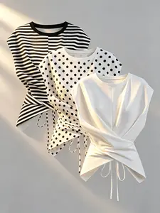 Women's Sleeveless Top, Striped & Polka Dot Print, Round Neck Waist Tie, Casual Loose Fit, Breathable Summer T-Shirt, Office & Daily Wear, Womenswear