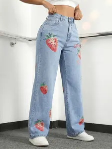 Jeanius Women's High Waist Wide Leg Denim Jeans, Medium Stretch Medium Blue Wash, Watercolor Strawberry Print "STRAWBERRY" Letter Graphic, Sweet Casual Daily Semi Baggy Jeans