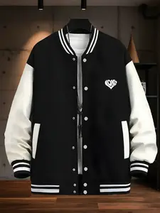 Valentine's Day Letter Heart Cartoon Print Jacket, Casual Fitted Baseball Neck, 2026 New Men's Jacket, Button Closure, All Seasons