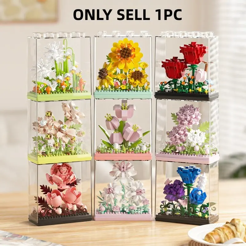 200pcs DIY Building Block Flower Bouquet Set, Creative Mini Eternal Flowers with Display Box, Valentine's Day Mother's Day Gift, Stem Building Blocks, Building Block Sets