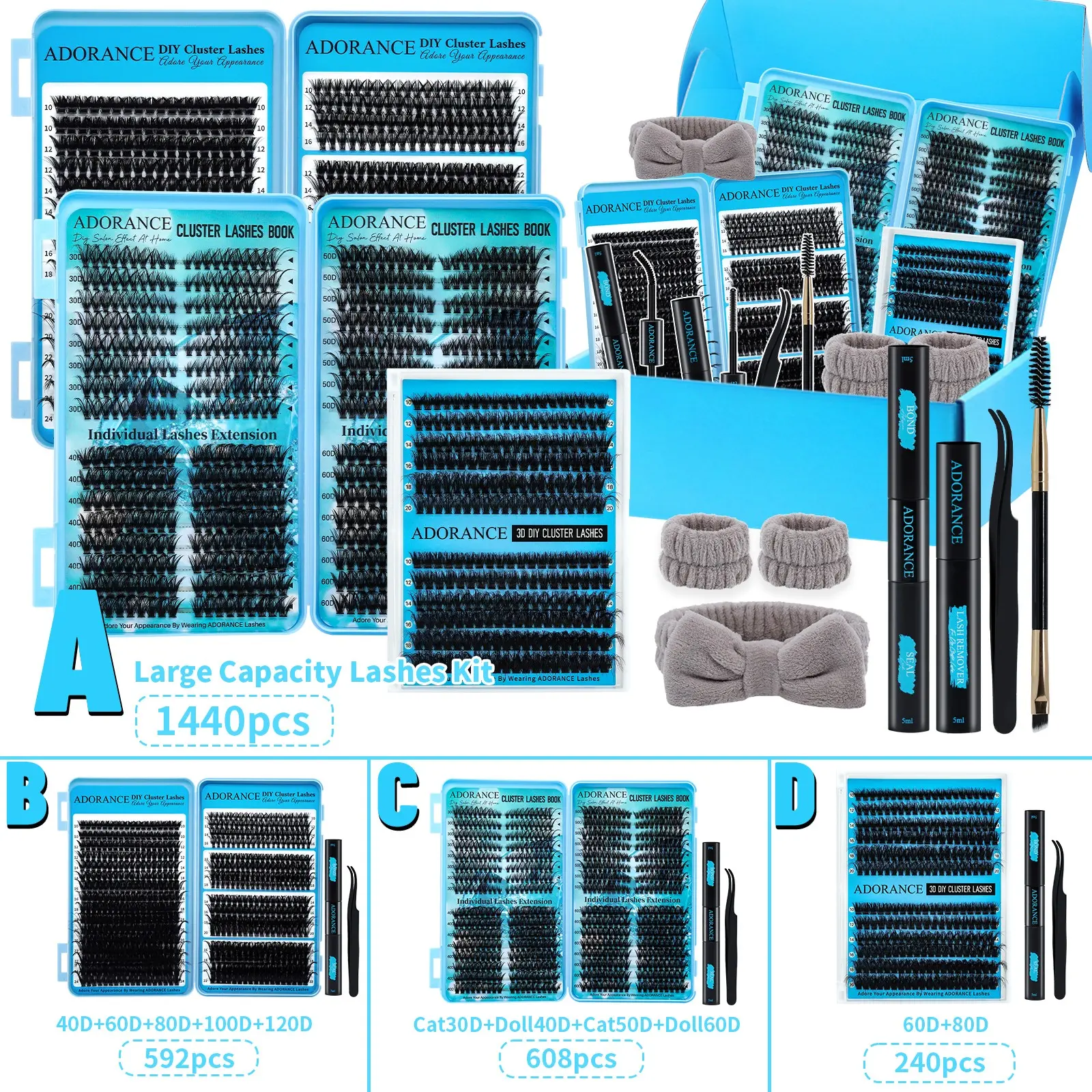 ADORANCE DIY Eyelash Extension Set, Eyelashes Extension Set, Individual Lash Clusters, DIY Lash Cluster D Curl Set With Lash Bond & Seal Remover Tweezers Brush And Headband, DIY Lash At Home Eyelash Bond Glue