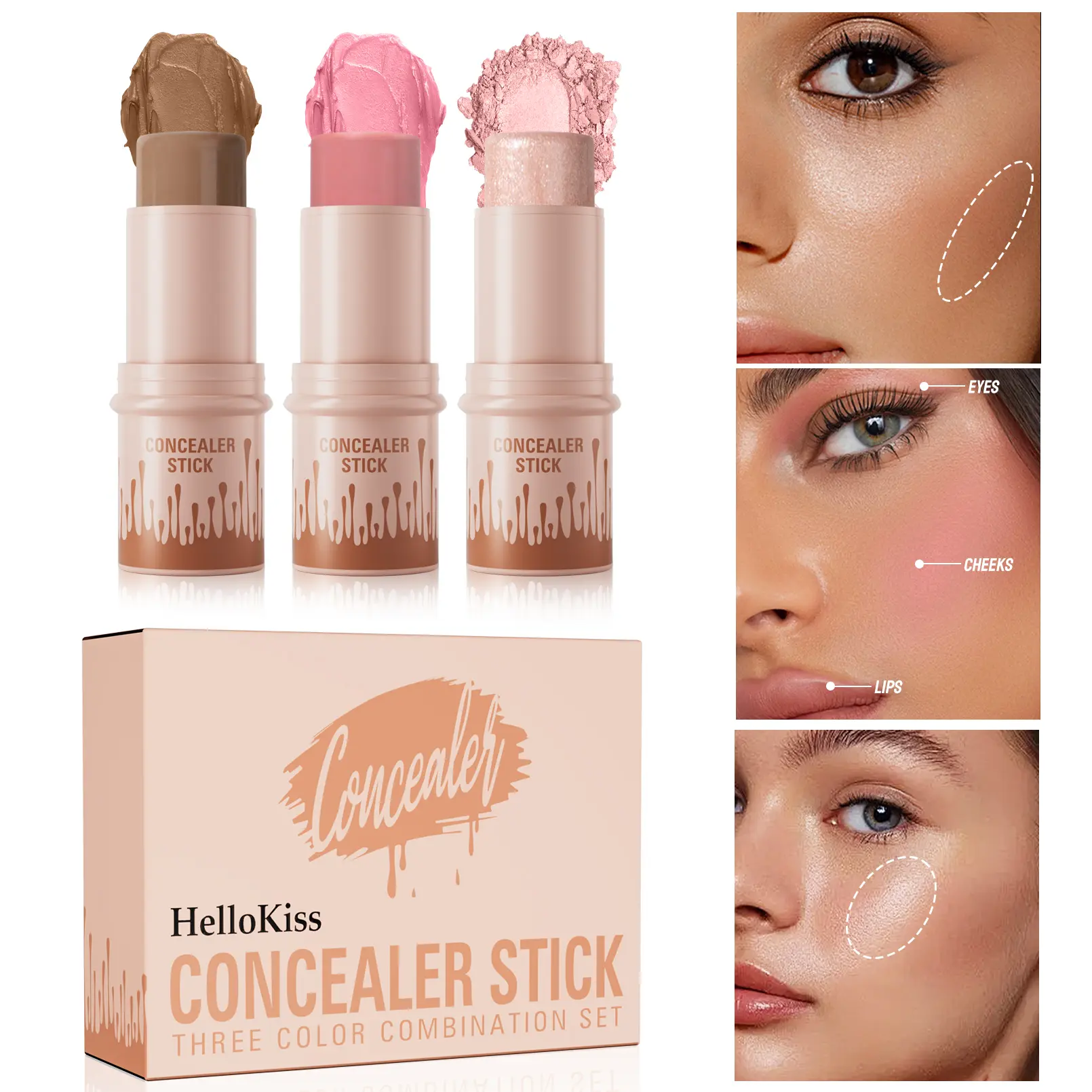HelloKiss Concealer Stick Trio Set - Waterproof, Long-Lasting, Non-Greasy Cosmetic with Highlighter, Bronzer, Blush, Contour, Radiant Flawless Finish, Easy Application, Compact On-The-Go Touch-Ups, Great Gift for Women - Highlighter Obsession Makeup Pack,