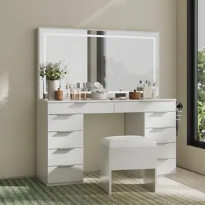 [Two Package] YITAHOME Vanity Desk Set with Large Lighted Mirror and Power Outlet, 46" Makeup Vanity with 10 Drawers and Magnifying Glass, Vanity Desk Set with Storage Bench, 3 Lighting Color Adjustable