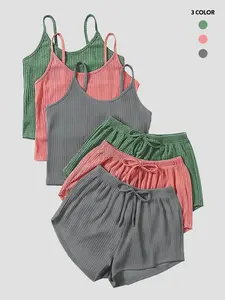 Six-Piece Set Women's Plain Fitted Ribbed Shorts Set, Casual Soft Crop Spaghetti Strap Cami Top & Elastic Waist Shorts Set, Summer Clothes, Summer Outfits Set for Outdoor Holiday, Cute Summer Outfit