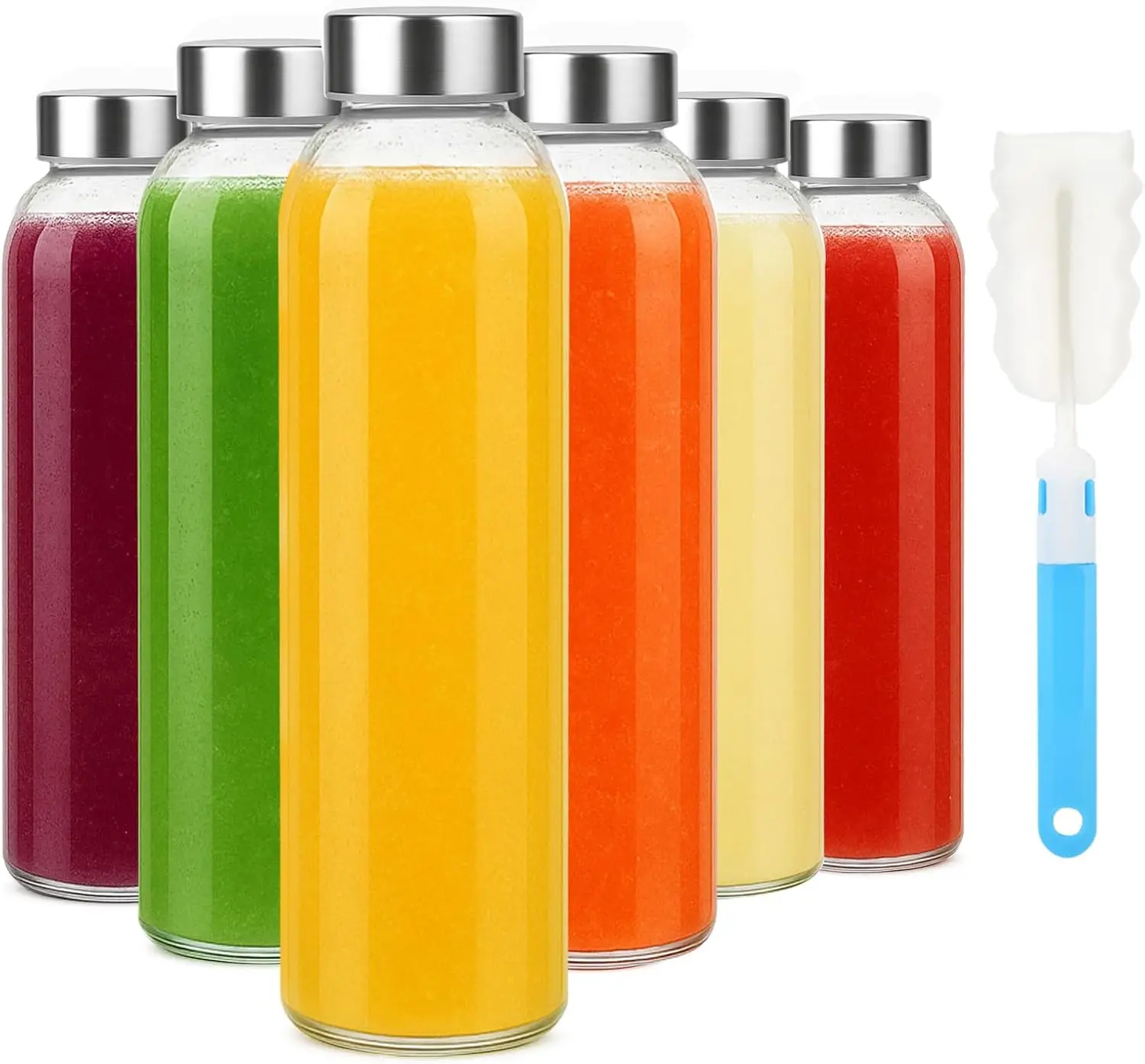 Glass Water Bottle Set of 6, 18oz Clear glass juice bottle for juicing，Reusable Drinking Bottles with Stainless Steel Lid