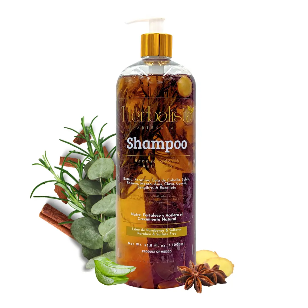 Herbalista Viral New Herbal Shampoo 1000ml (33 fl oz) - With Real Pieces of Rosemary, Cinnamon, Anise, Clove, Aloe, Ginger, & Eucalyptus - Fortalece, Regenera, Acelera Crecimiento – 100% Natural & Handcrafted