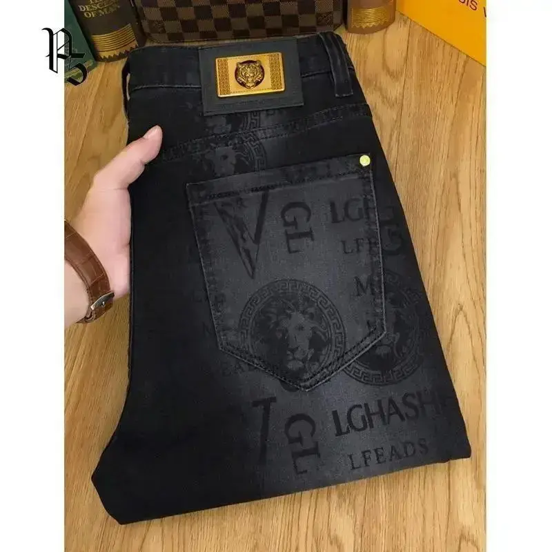 Spring and Autumn Korean Slim Jeans for Men 2026 High-end Luxury Clothing Black Printing Mid-waist Stretch Casual Pencil Pants