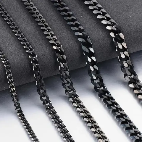 Men's Black Cuban Link Necklace - 3mm/5mm Sturdy Stainless Steel, 18"-24" Long Cuban Chunky Chain for Father’s Day, Uncle Gift