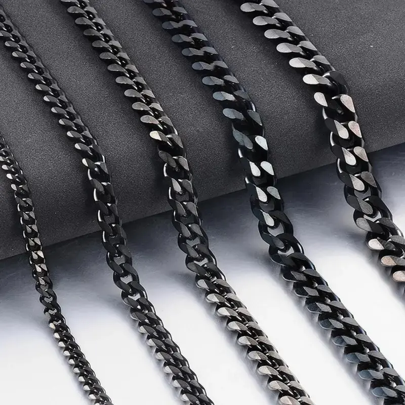 Men's Black Cuban Link Necklace - 3mm/5mm Sturdy Stainless Steel, 18"-24" Long Cuban Chunky Chain for Father’s Day, Uncle Gift