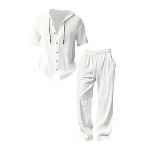 Summer men’s lightweight two-piece set with hood, casual vacation style, loose breathable thin fabric, hooded sweatshirt paired with wide-leg pants, #fathersdaygift