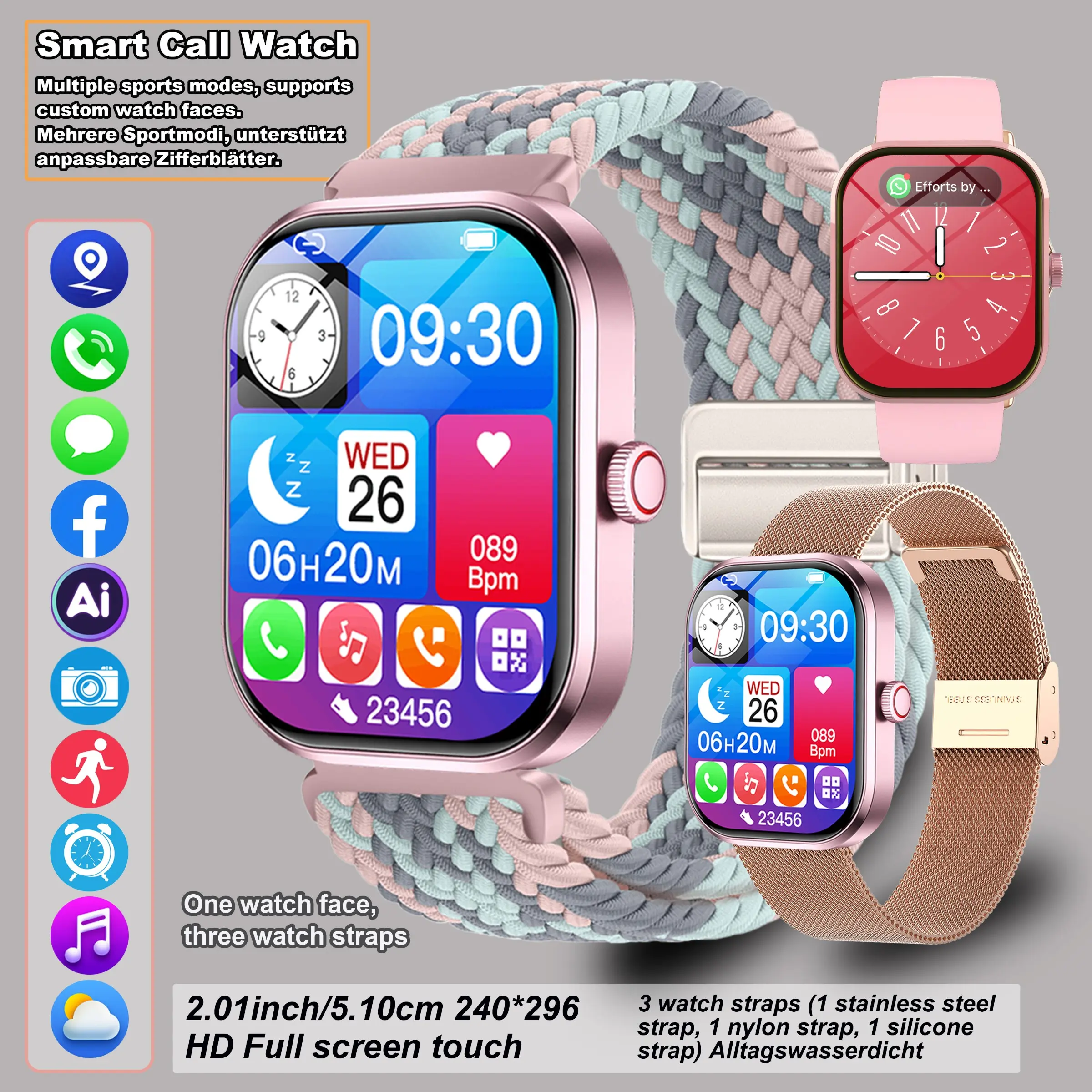 Smartwatch, Smart Watch For Android, Touchscreen smart watch with straps, unisex, full-screen touch display, supports answering calls and message notifications, weather updates, activity tracking, music playback, a gift for couples