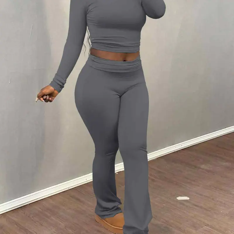 Women's Solid Long Sleeve Fitted Crop Top & Flare Leg Pants Two-piece Set, Casual Fashion Cozy Basic Round Neck Top & Bell Bottom Trousers for Daily Outdoor Wear, Women's Clothing for Fall & Winter