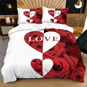 Rose heart pattern, soft bed cover set, including 1 cover and 1 or 2 pillowcases, without cotton core, suitable as a Valentine's Day gift, Soft Bedding Sets