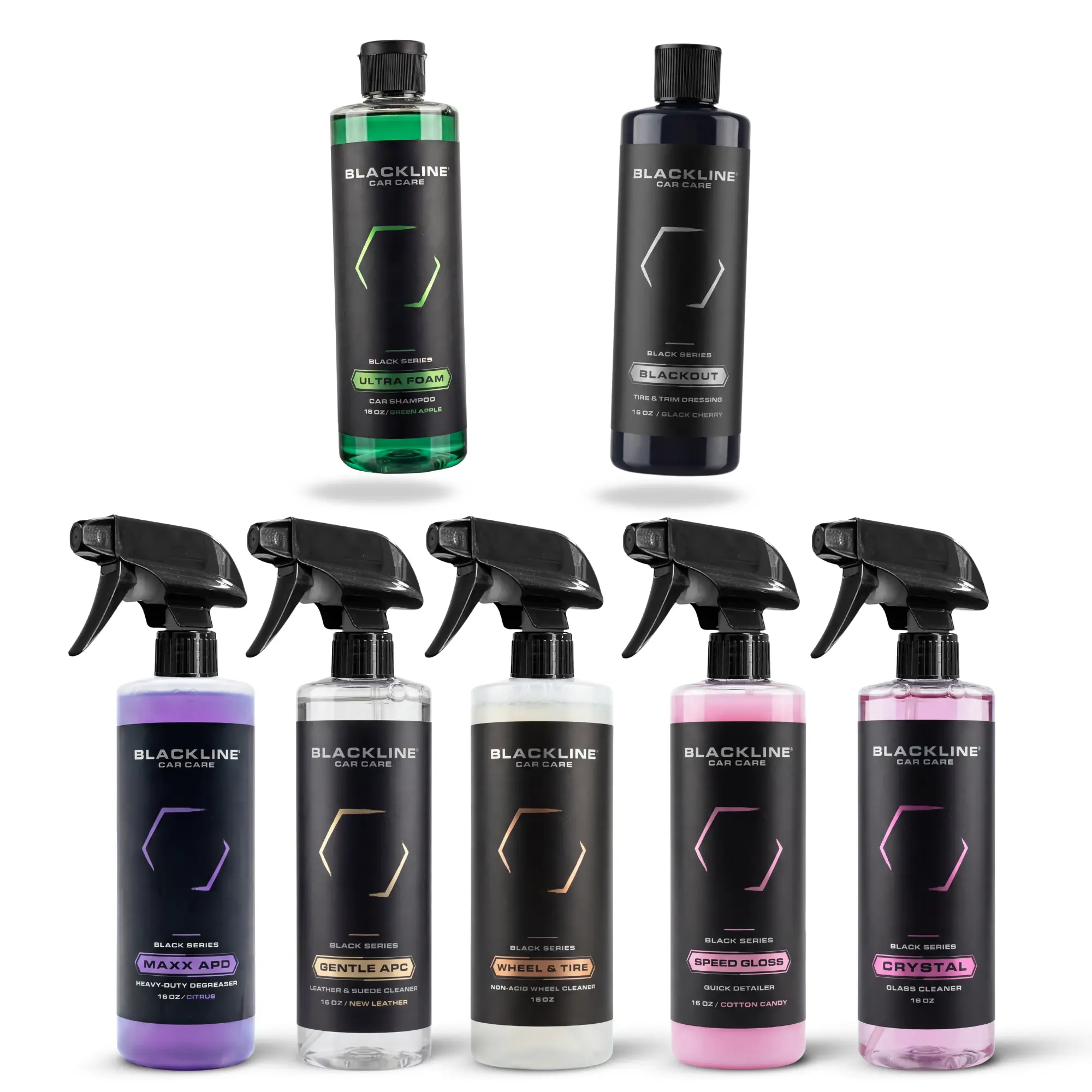 BLACKLINE Professional-Grade Car Detailing Chemical Kit - 7 Essential Bottles with Heavy Duty Degreaser, Car Windshield Cleaner, Foam Cleaner Spray, Exterior Cleaner Protectant, Wheel Polish for Vehicle Washing, Cleaning, Protecting, Exterior Cleaner Prot