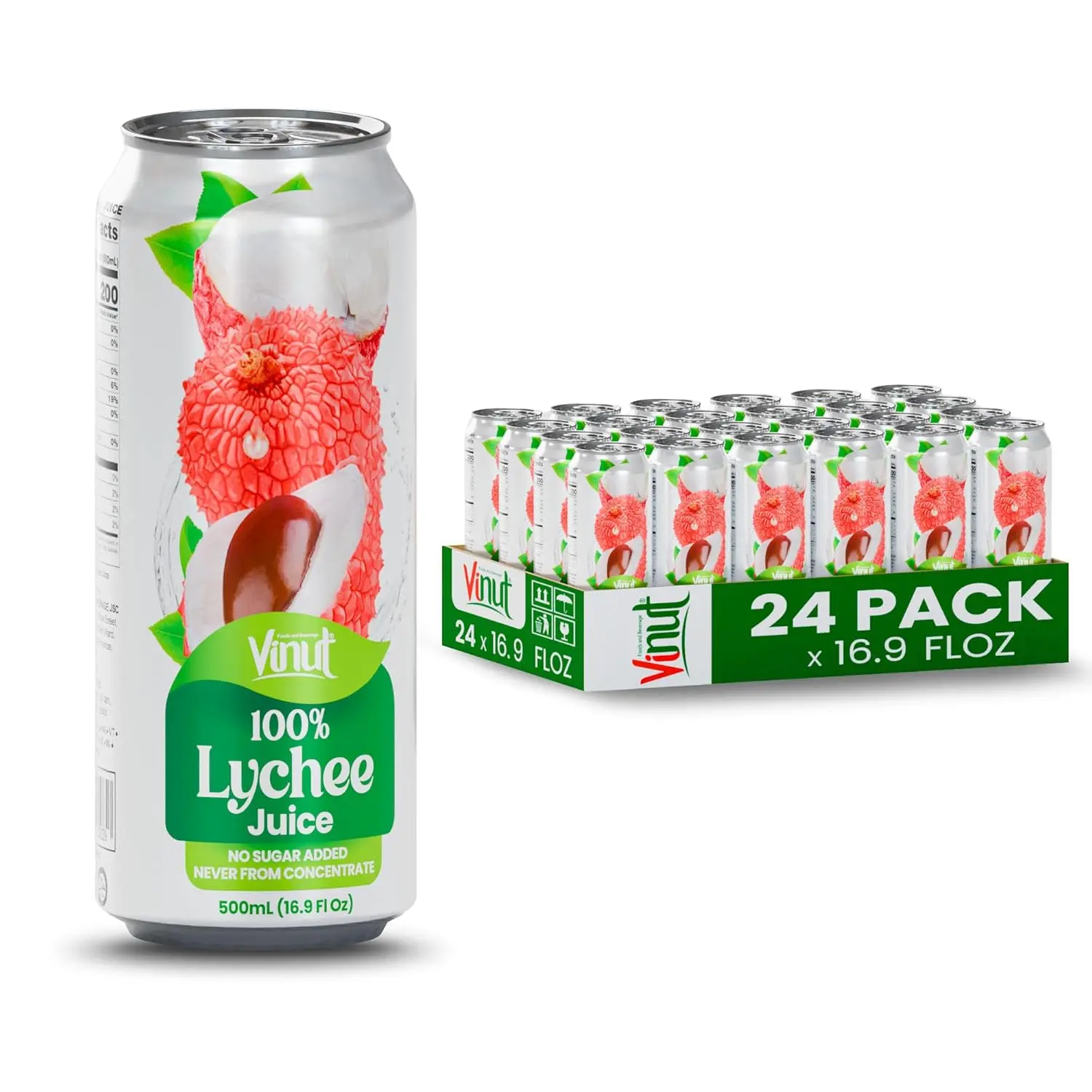 Vinut 100% Lychee Juice No Added Sugar Not From Concentrate 16.9 fl oz Can 6/12/24 Pack Tropical Floral Drink Non-GMO Gluten-Free Beverage Fruit