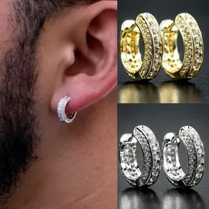 Artificial Zircon Earrings, Men's Luxury Shine Zirconia Hoop Earrings, ORP Fashion Single-Row Shining Jewelry Accessory for Cool Men
