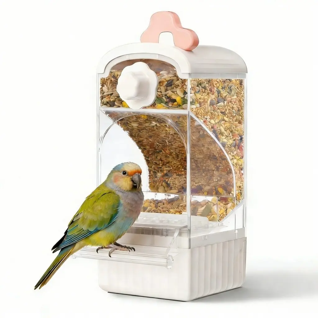 BUCATSTATE Automatic Parrot Feeder Station - Extra-Large Hopper Transparent Bird Supplies, Auto Feed Dispenser Bird Feeders, Husk Filter, Spill-Free Feeding Tools for Budgies