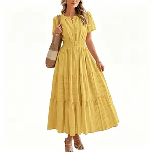 Women's Summer Casual Dress - New V-Neck, Ruched Puff-Sleeves, Layered Cut, Figure-Flattering for Leisure Outings, Shopping