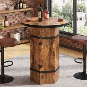 Round Bar Table with Hidden Storage, 39.4" H Bar Height Pub Table with Barrel-Inspired Pedestal, Rustic Industrial Bistro Cocktail Table for Pub, Kitchen, Home Bar, Apartment (Table Only)