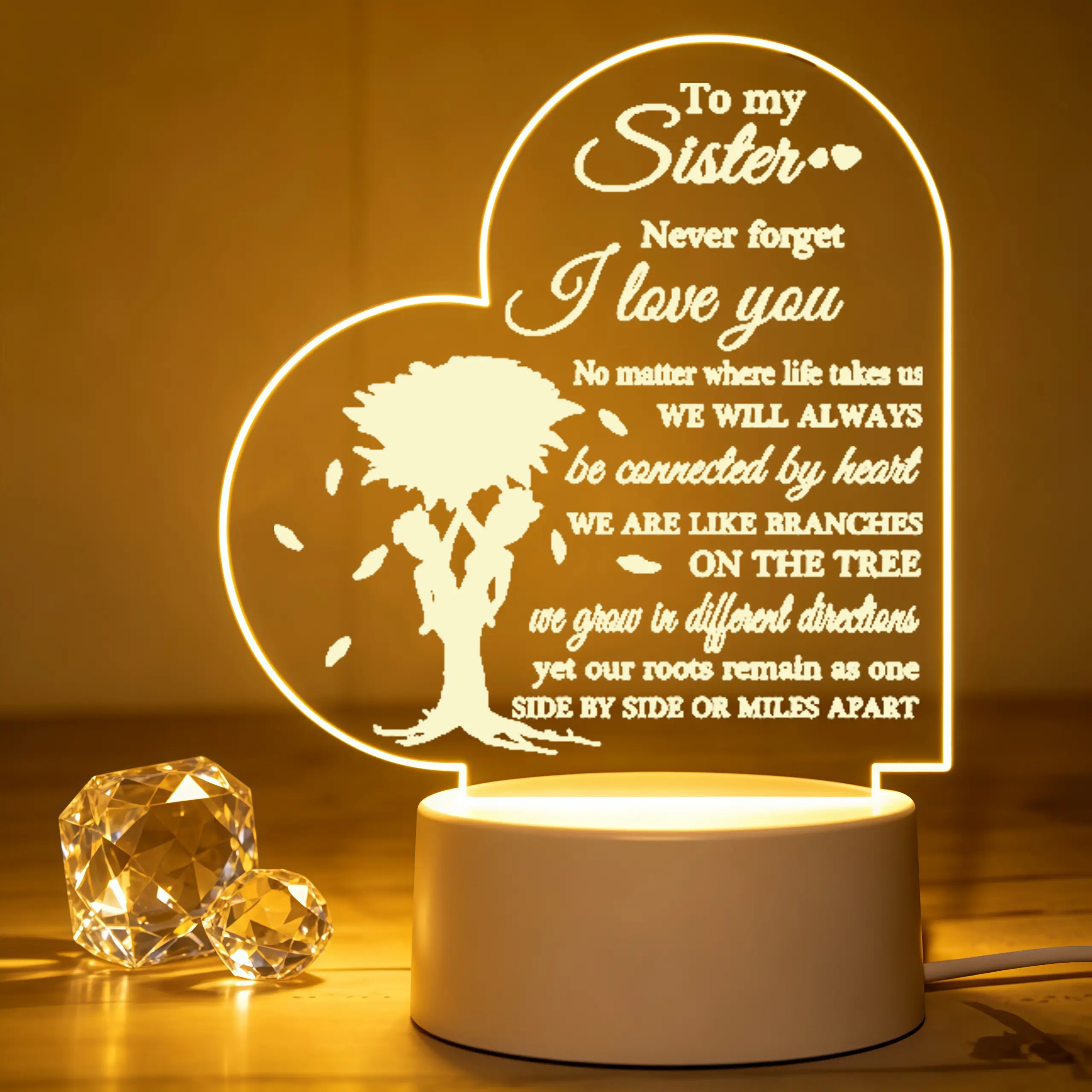 To My Sister Minimalist 2D Flat Tree & Heart Solid Acrylic Night Light, Family Tree Engraved LED Bedside Lamp, Birthday Gift Ideas for Sister Love