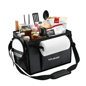 #fathersdaygift HAUSHOF Large Grill and Picnic Caddy with Paper Towel Holder, Condiment Pocket, Foldable BBQ Organizer Easy Carry Griddle Caddy for Camping, RV, Outdoor Waterproof Oxford Cloth (Black)