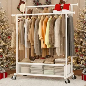 Raybee Clothing Rack with Net Pocket & Double Hanging Rails, Heavy Duty Clothes Rack with Rolling Wheels, Metal Garment rack for Wardrobe, Portable Closet Rack for Lundry Room, Bedroom, Apartment, Black, White, Gold [Blackfriday&cybermonday]