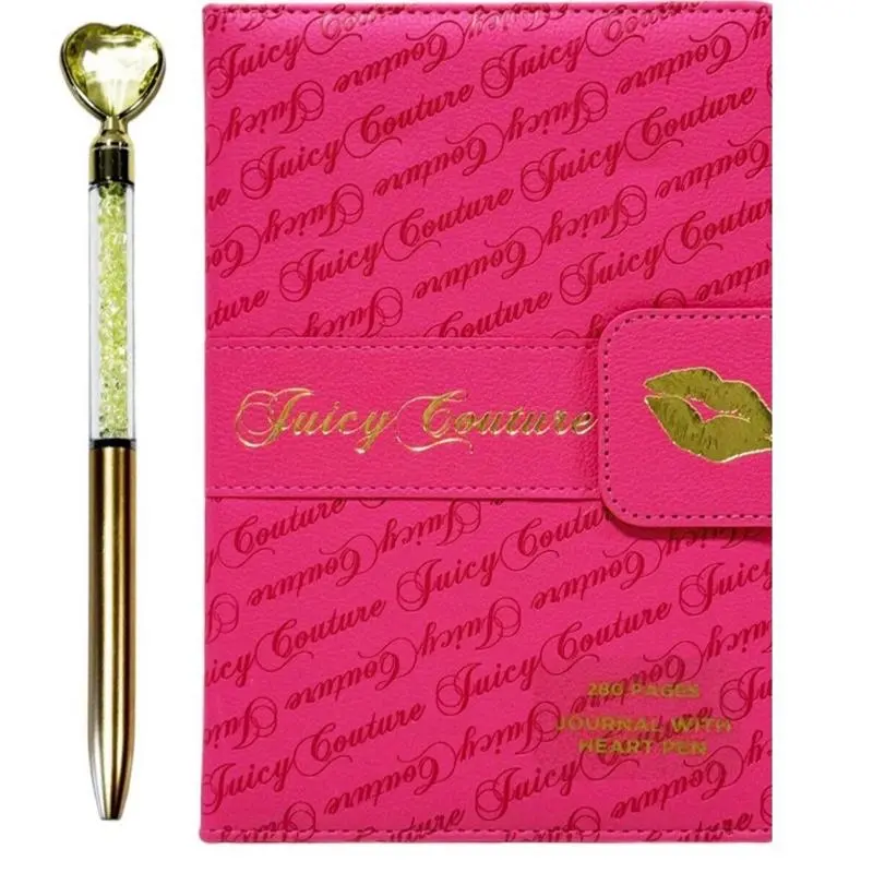 Juicy Couture Faux Leather with Gold Foil Lips Notebook Set with 1 Smooth Writing Retractable Stone Heart Detail Gel Pen, Office Stationery Supplies, Writing Stationery