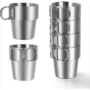 4-Pack Stainless Steel Camping Cups with Foldable Handle, 10 oz Camping Coffee Mugs with Double Wall Design, Ideal for Outdoor Activities, Travel, and Home Use